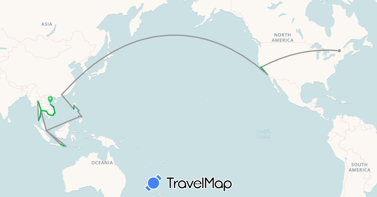 TravelMap itinerary: driving, bus, plane, boat, motorbike in Canada, China, Indonesia, Cambodia, Philippines, Singapore, Thailand, United States, Vietnam (Asia, North America)